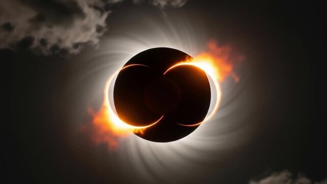 Spectacular total solar eclipse with diamond ring effect, vibrant corona, and dramatic clouds, a rare celestial event unfolds in the heavens