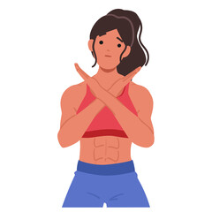 Sports fitness woman showing stop gesture with crossed arms showing refusal and determination