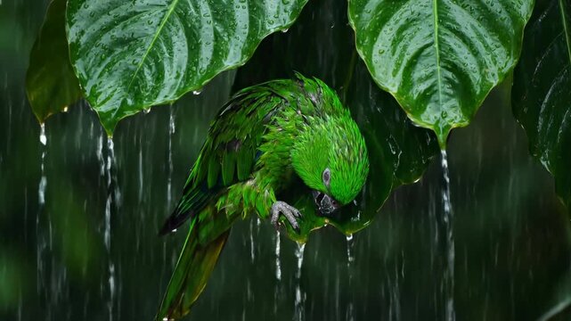 Green parrot perches under vibrant leaves while rain falls around. Tropical rainforest setting with lush greenery and drops forming puddles. Concept of wildlife, nature conservation, eco-tourism