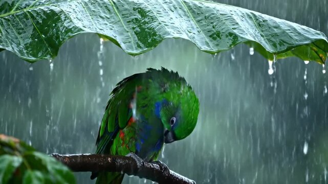 Parrot sheltered under broad leaf during rainfall, standing on branch amidst vibrant rainforest. Captivating image highlights beauty of wildlife in tropical environments