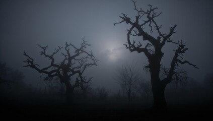 Eerie silhouette of gnarled trees in dense fog evokes mystery and suspense perfect for Halloween, horror, or atmospheric projects, dark nature scene