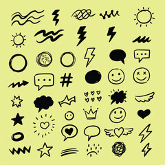 Hand Drawn Doodle Elements on Yellow Background drawing sketch vector illustration symbol shape icon design graphic art scribble line