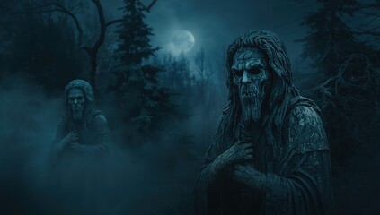 Haunting statues stand guard under a chilling moonlit night, perfect for Halloween designs and horror themes evoking suspense and mystery in your creative projects