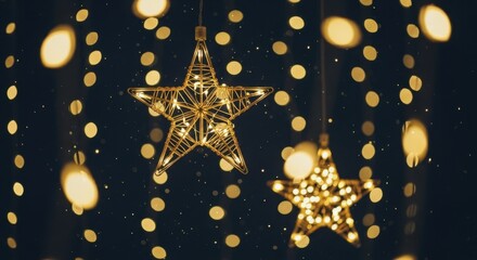  Festive gold wire star decorations glowing with warm lights against a dark, blurry background with sparkling bokeh