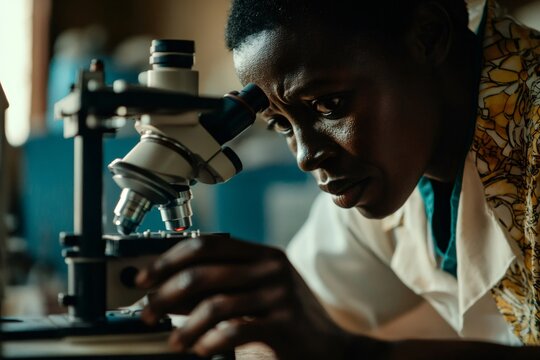Black scientist intently observing samples under a microscope, conducting scientific research in a laboratory setting
