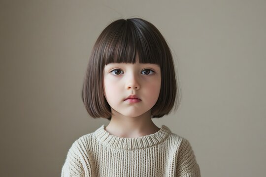 Young child wearing a beige knitted sweater, looking straight ahead. Simple portrait featuring childhood innocence and a calm expression