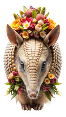 Obraz premium Whimsical armadillo head adorned with vibrant floral wreath and delicate blossoms against a isolated on transparent background