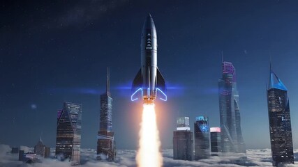 Futuristic rocket launching into the night sky above a city skyline, surrounded by clouds and illuminated skyscrapers, showcasing advanced technology and exploration themes