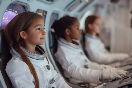 Diverse children wearing astronaut suits in a futuristic cockpit, looking forward during a space flight simulation - Powered by Adobe