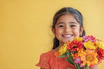 Fototapeta premium Happy 6 year old Latinx girl smiling, looking at camera, holding vibrant flower bouquet on a yellow background