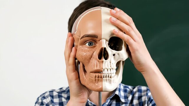 A person holding a halfhuman, halfskull model in front of their face, illustrating duality, life and death, anatomy, and the human condition vector illustration