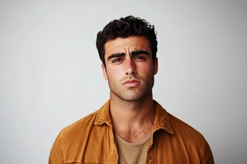 Obraz premium Young man with furrowed brows looking directly at the viewer, showing doubt, confusion, or serious thought