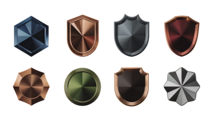 Modern shield set with metallic textures offers a stylish design element, perfect for logos, badges, app icons, or game assets creating a premium feel