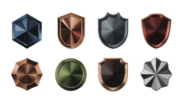 Modern shield set with metallic textures offers a stylish design element, perfect for logos, badges, app icons, or game assets creating a premium feel