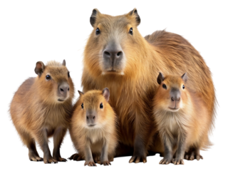 Adorable capybara family portrait capturing cute rodent companionship and gentle nature isolated on studio black backdrop for commercial use isolated on transparent background