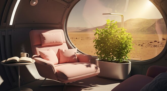 Cozy pink armchair by porthole with desert view.