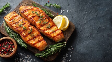 Perfectly grilled salmon fillets with golden-brown grill marks, garnished with fresh rosemary and lemon, showcasing culinary artistry on a rustic wooden board