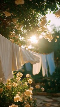White laundry hanging on a clothesline surrounded by blooming yellow roses. Sunlight filters through the leaves, creating a warm, serene atmosphere. 