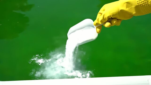 Pouring Chlorine Powder into Algae-Filled Swimming Pool