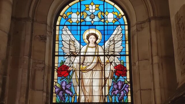 Stained glass window featuring an angelic figure with large wings, surrounded by vibrant flowers, showcasing intricate artistry and spiritual symbolism in a serene architectural setting