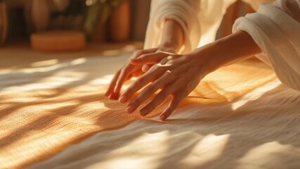 Hands gently touching golden woven fabric in warm indoor light. Mindful texture appreciation slow motion animated background.