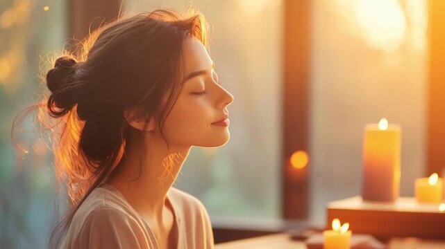 Young woman with serene expression sitting in warm candlelit room. Mindfulness and wellness concept slow motion animated background.