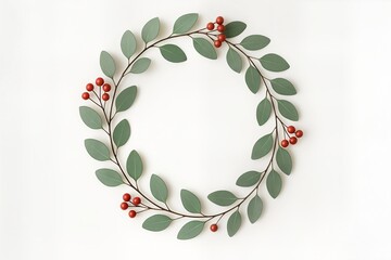 White background, minimalist Christmas wreath with eucalyptus and red berries, Scandinavian style