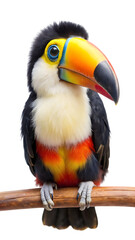 Adorable baby toucan perched on branch studio portrait tropical bird wildlife nature rainforest exotic feathered friend isolated on transparent background