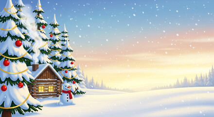 A peaceful winter Christmas scene with a cozy log cabin nestled among decorated fir trees as snow gently falls over the landscape