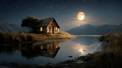 Solitary cabin near calm lake with reflection of stars and full moon