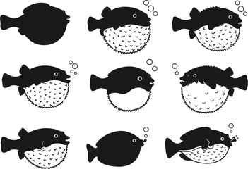 Pufferfish illustration set, marine animal vector, underwater fish artwork, ocean wildlife design, aquatic sea creature graphic, inflated deflated fish collection