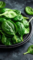 Fototapeta premium Fresh, vibrant spinach leaves artfully arranged in a dark ceramic bowl, showcasing the rich green color and delicate texture of this nutrient-packed leafy vegetable against a moody