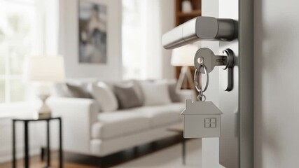 House keys unlocking a cozy living room with fireplace, inviting warmth, representing home ownership, security, and real estate dreams
