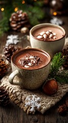 Cozy winter scene featuring two mugs of rich hot chocolate topped with marshmallows, surrounded by pine cones and festive decorations, perfect for holiday warmth and comfort.