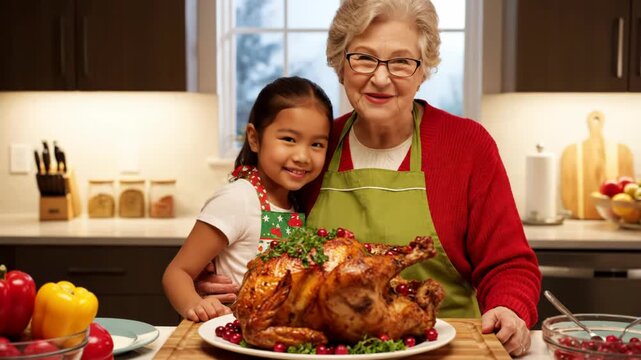 Grandmother and granddaughter preparing a festive roasted turkey for a holiday meal in a cozy kitchen setting, sharing a warm moment vector illustration