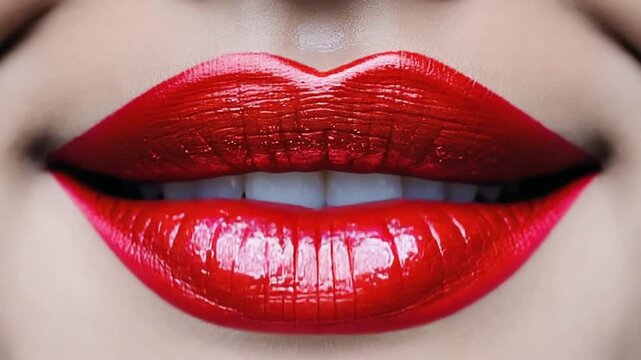 Close-up of vibrant red lips adorned with glossy lipstick, showcasing a perfect pout and smooth texture, emphasizing beauty and elegance in cosmetic artistry