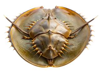 Close-up top view of a horseshoe crab showing intricate carapace detail and spiky outer edge isolated isolated on transparent background