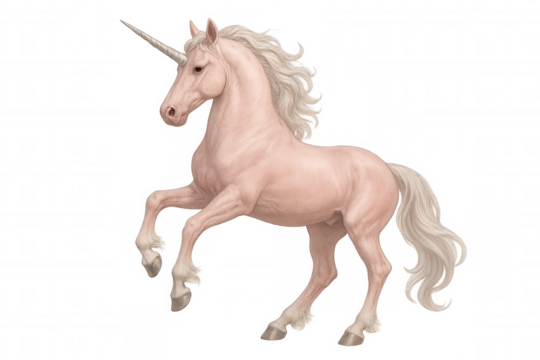 Pastel pink unicorn standing on hind legs, mythical fantasy creature with flowing mane and tail, transparent background