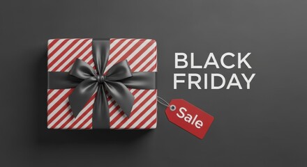 Fototapeta premium Black Friday shopping event with striped gift box and sale tag on dark background