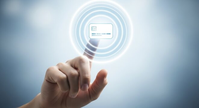  Human hand pointing at glowing electronic payment symbol on a blue gradient screen illustrating wireless financial transaction