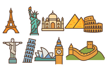 Obraz premium Landmark, architecture outline icon set. Famous monuments, global travel icons collection