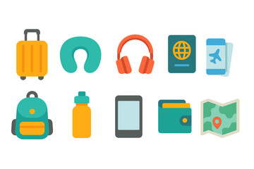 Travel and tourism flat icon set. Vacation, itinerary planning icons flat collection
