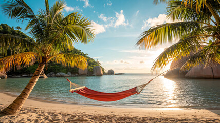 Red hammock between palm trees on a tropical beach at sunset