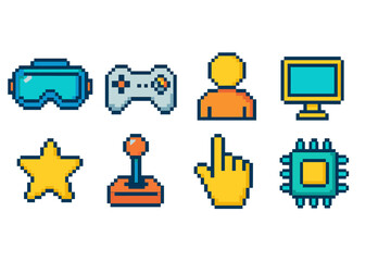 Gaming technology pixel icon set. retro gaming, technology, pixelated icons collection.