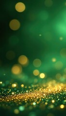 Obraz premium Enchanting green and gold bokeh sparkle background with glowing lights