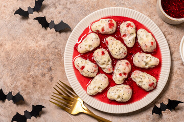 lazy dumplings vareniki with raspberry sauce for Halloween
