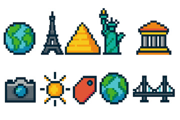 Travel destinations pixel icon set. explore the world with pixel art icons collection