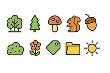 Fototapeta premium Nature and wildlife icon set in flat style. trees, animals, plants, and more