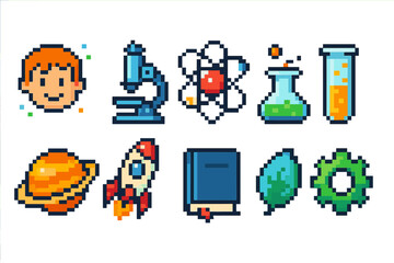 Pixel science icon set. microscope, test tube, rocket, atom, linear pixelated icons.