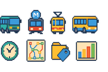 Fototapeta premium Transportation and metro flat icon set: buses, trains, maps, and more